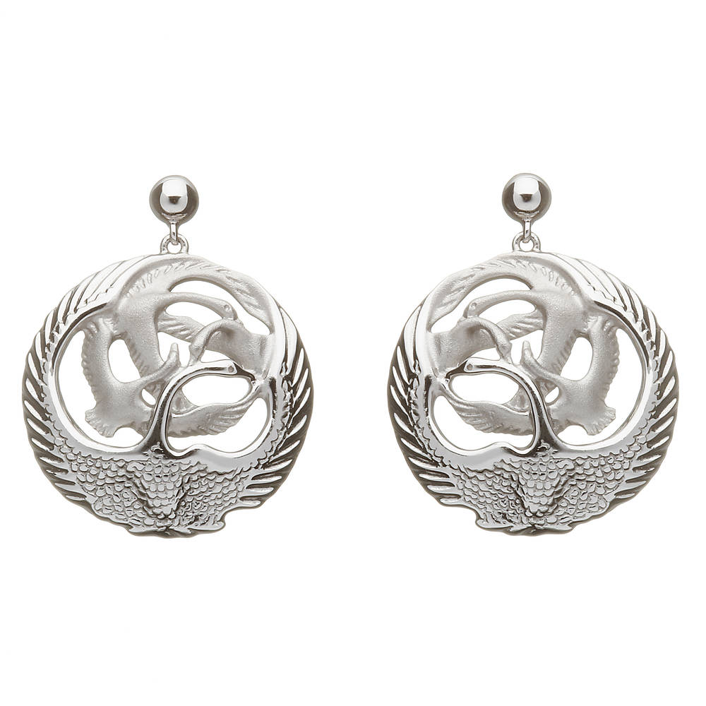 Sterling Silver Round 3 Dimentional Children Of Lir Swan Drop Earrings