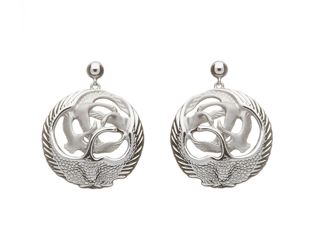 Sterling silver round three-dimensional Children Of Lir swan drop earrings