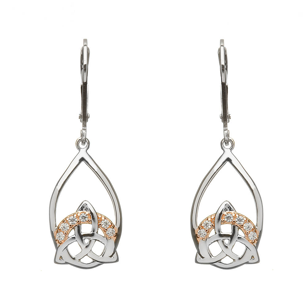 Silver Trinity Drop Earrings With Cz Set In Rose Gold Plating
