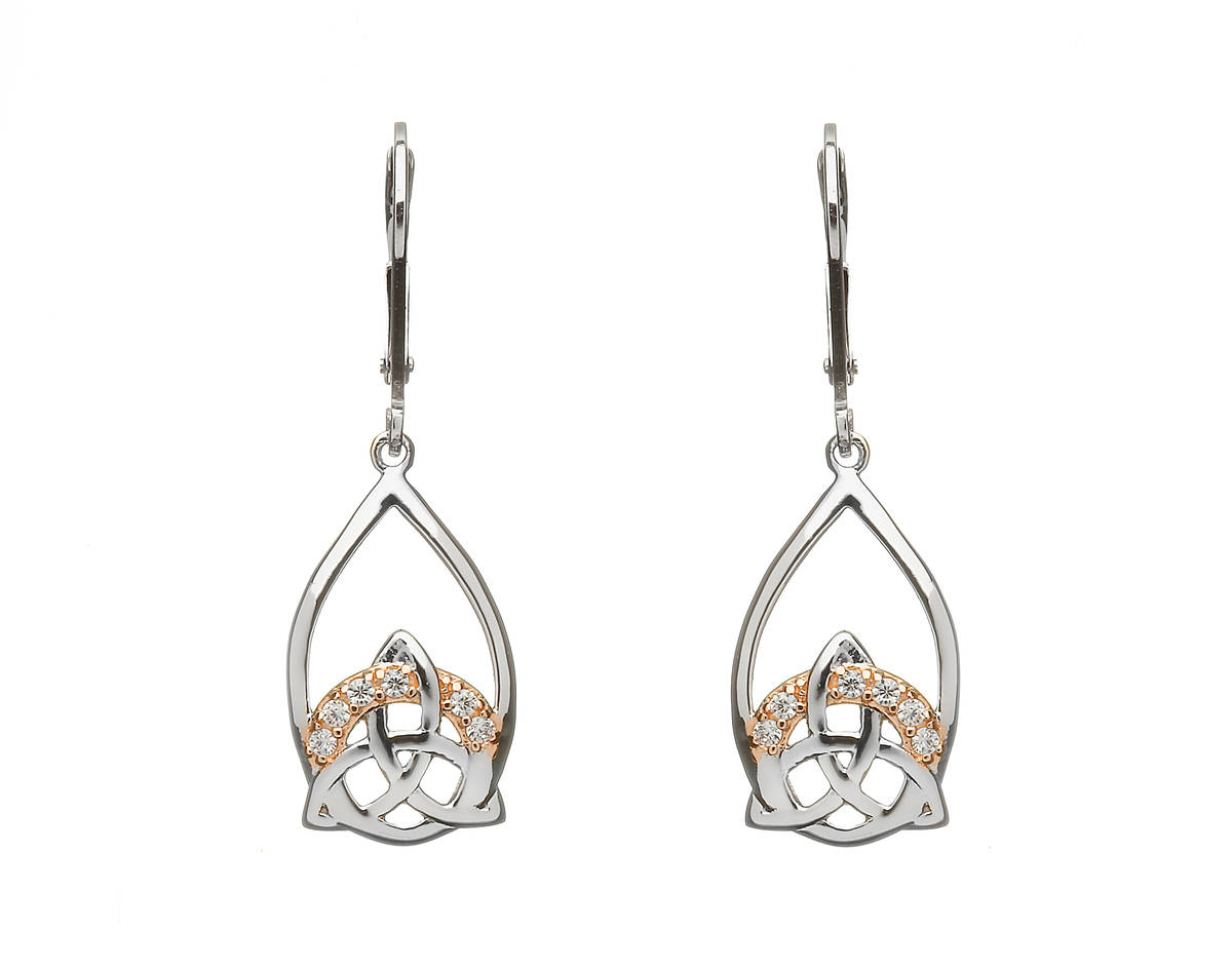 Silver Trinity Drop Earrings With Cz Set In Rose Gold Plating