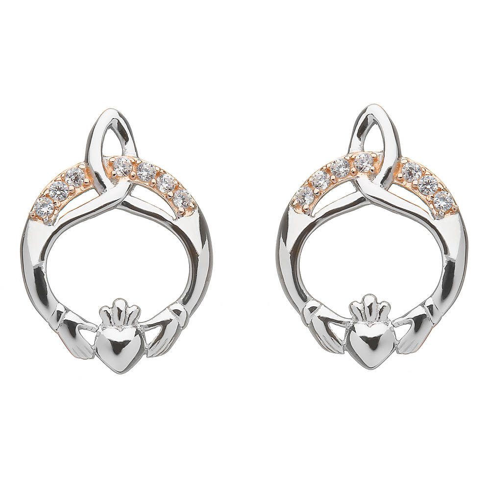 Silver Trinity Claddagh Studs With Cz In Rose Gold Plating