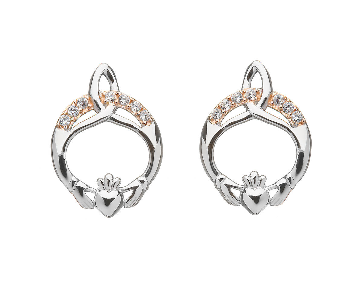 Silver Trinity Claddagh Studs With Cz In Rose Gold Plating