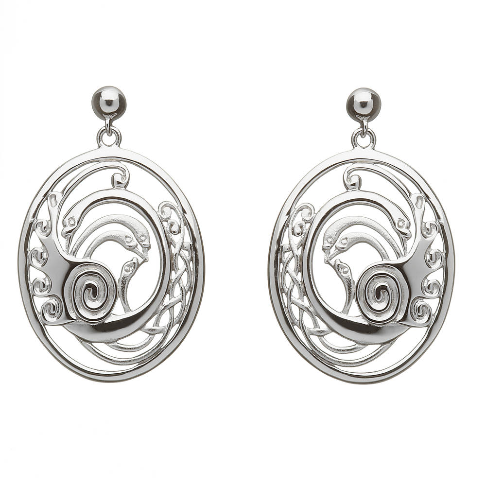 Silver Small Flat Oval Children Of Lir Swan Drop Earrings