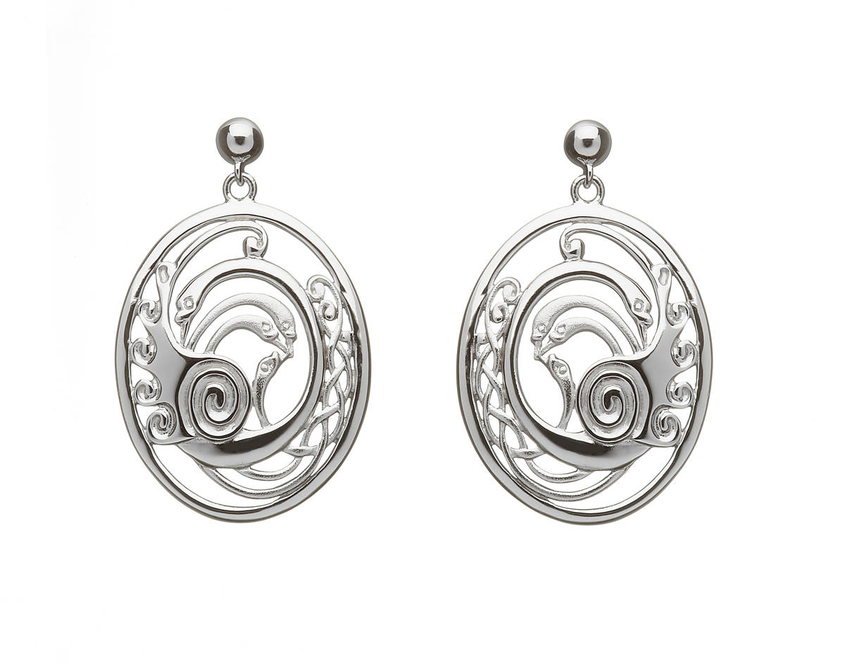 Sterling silver small flat oval Children Of Lir swan drop earrings