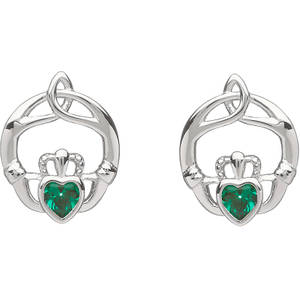 Silver Birthstone Earrings Emerald Green Cz