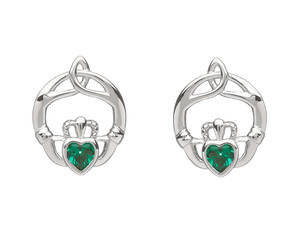 Silver Birthstone Earrings Emerald Green Cz