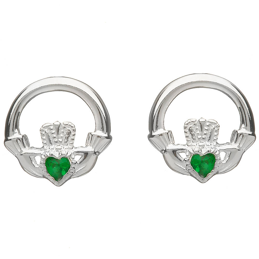 Silver Claddagh Stud Earrings Emerald Green Stone
