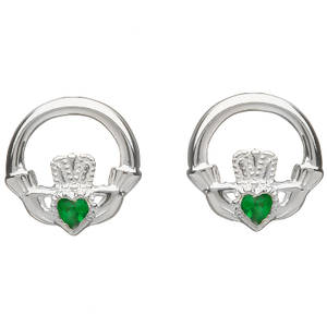 Silver Claddagh Emerald Earrings