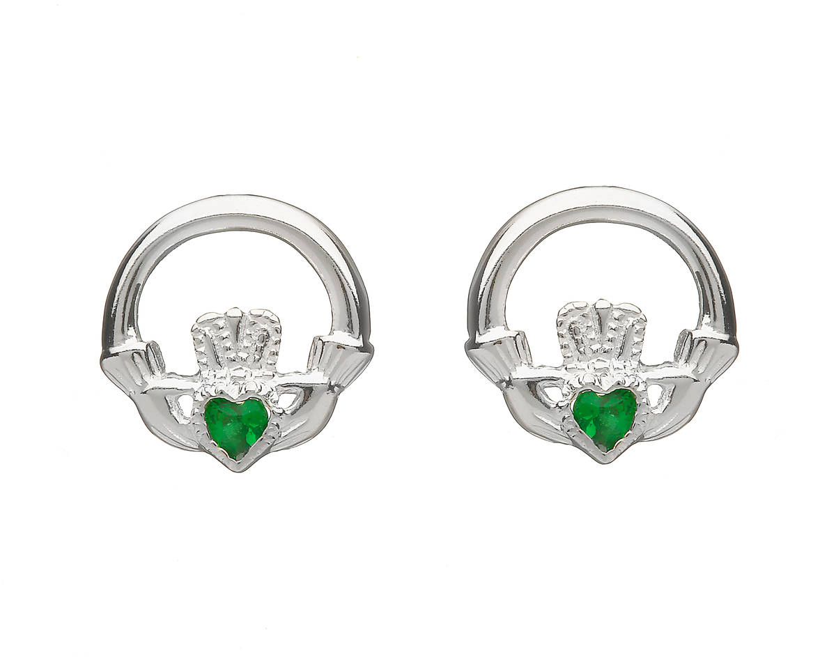 Silver Claddagh Stud Earrings Emerald Green Stone
