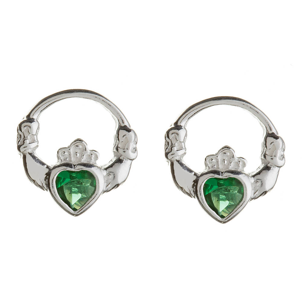 Silver Claddagh Studs With Green Cz Heart