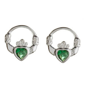 Silver Claddagh Studs Green Cz Heart