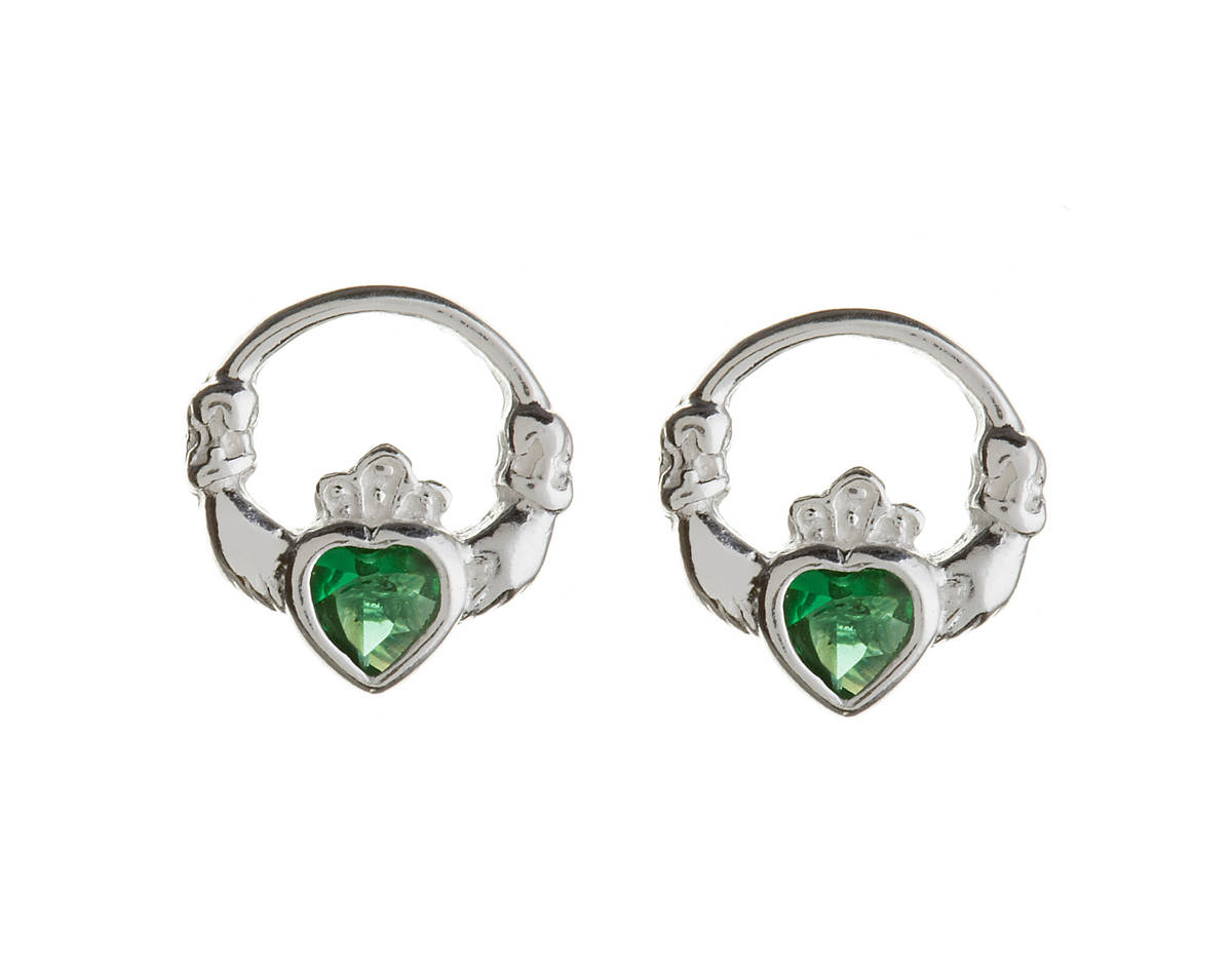 Silver Claddagh Studs With Green Cz Heart