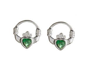 Silver Claddagh Studs Green Cz Heart