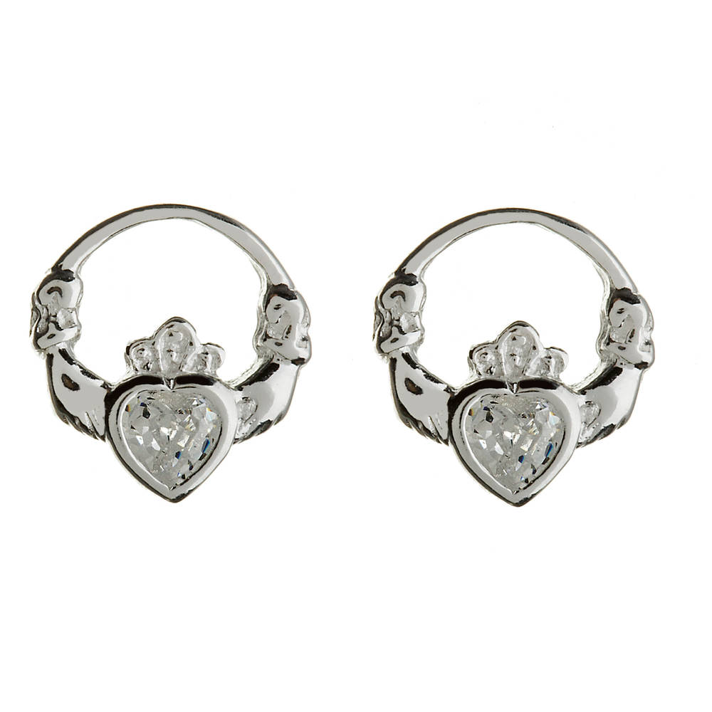Silver Claddagh Studs With Cz Heart