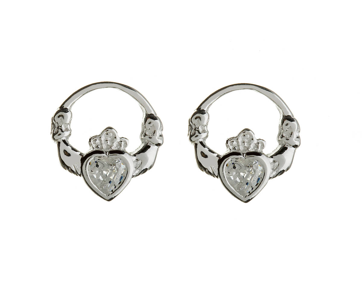 Silver Claddagh Studs With Cz Heart