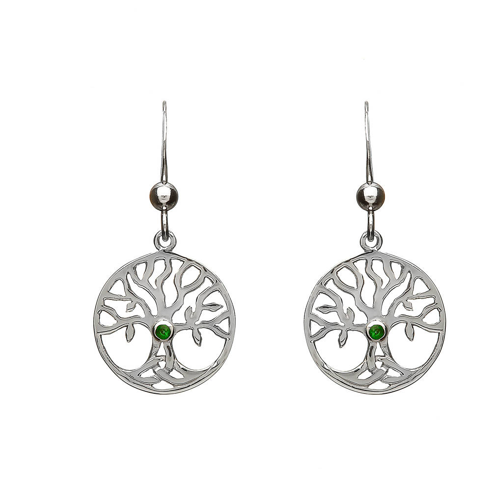 Silver Open Tree Of Life Drop Earrings With Green Cz Centre