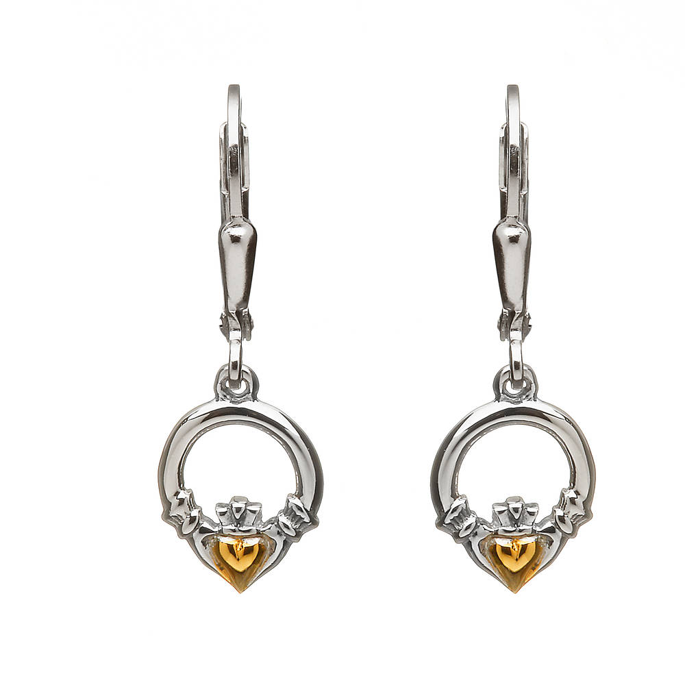 Silver Drop Claddagh Earrings With Gold Plated Heart