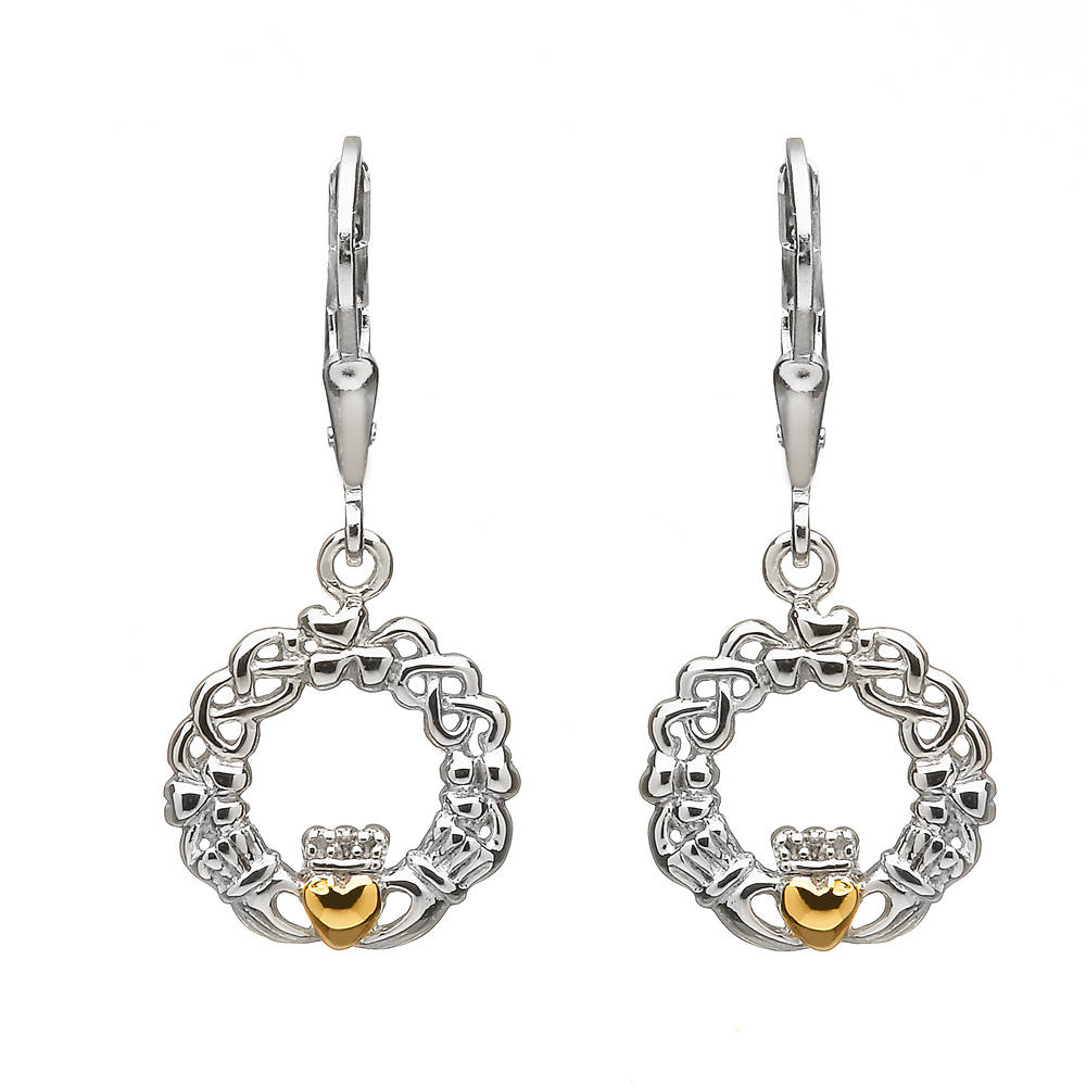 Sil Drop Claddagh/celtic Earrings With Gold Plate Heart