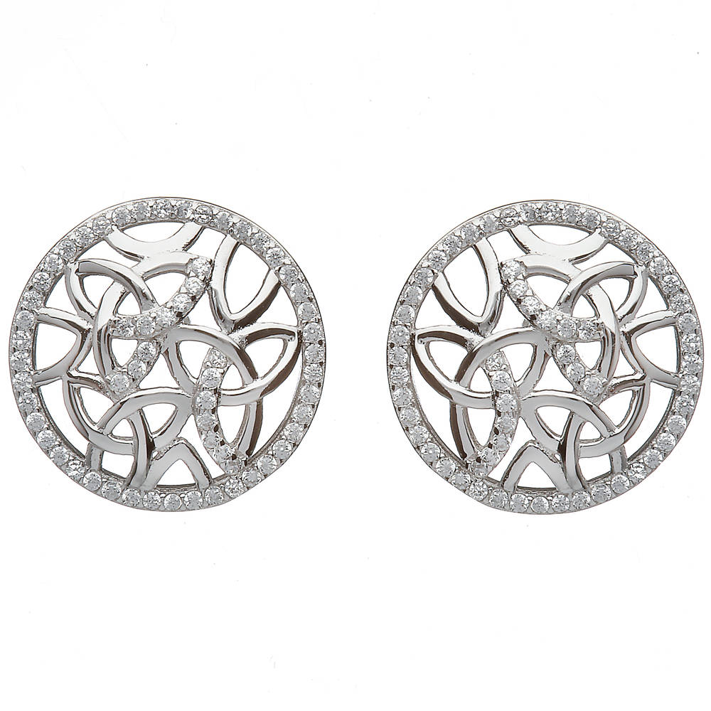Sterling Silver Circular Trinity Knot Design Stud Earrings Set With Cubic Zirconias