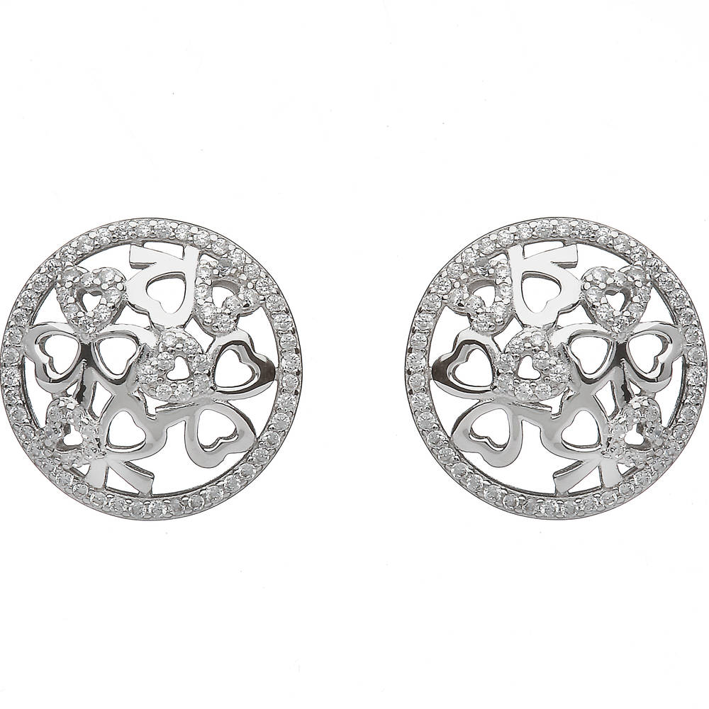 Sterling Silver Circular Shamrock Design Stud Earrings Set With Cubic Zirconias
