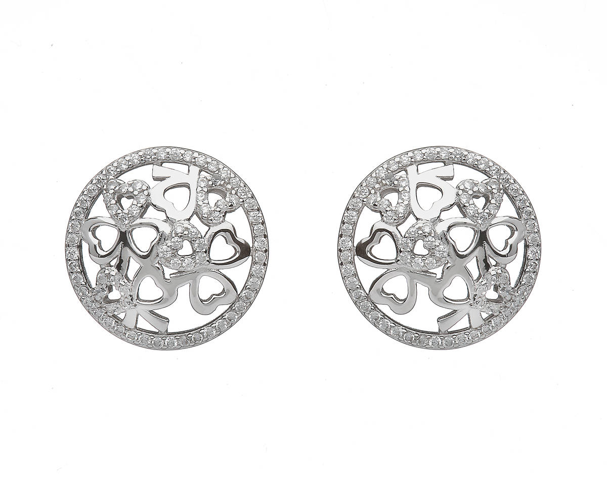 Sterling Silver Circular Shamrock Design Stud Earrings Set With Cubic Zirconias