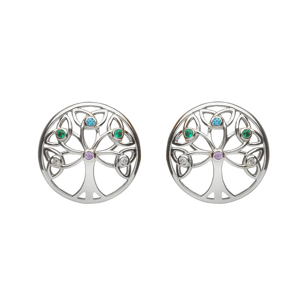 Sterling Silver Circular Tree Of Life Design Earrings Set With Cubic Zirconias