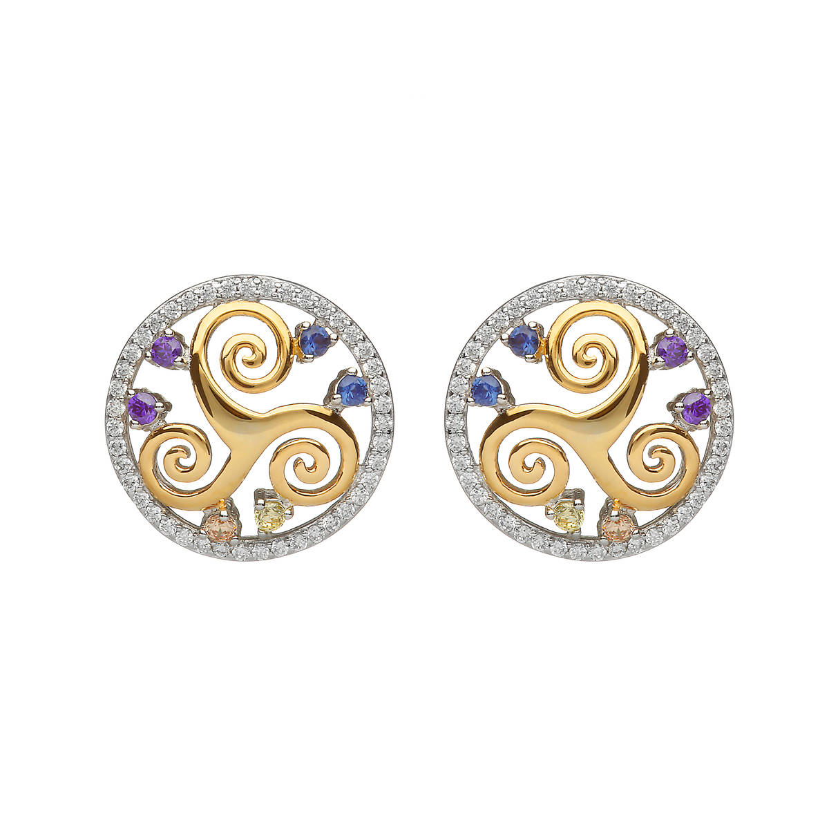 Sterling Silver & Gp Circular Newgrange Spiral Design Earrings "Colours Of The Irish Countryside"