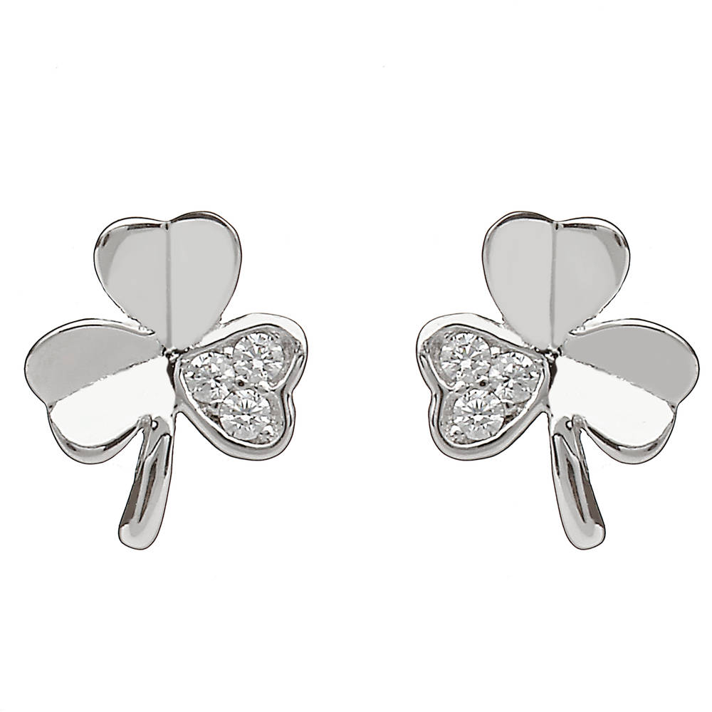 Sterling Silver Shamrock Design Stud Earrings Set With Cubic Zirconias