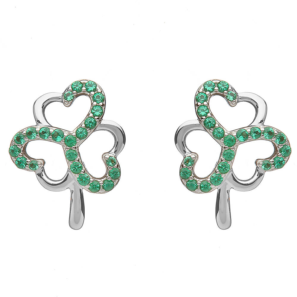Sterling Silver Shamrock Design Stud Earrings Set With Emerald Green Cubic Zirconias

