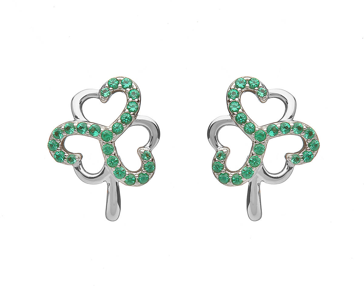 Sterling Silver Shamrock Design Stud Earrings Set With Emerald Green Cubic Zirconias
