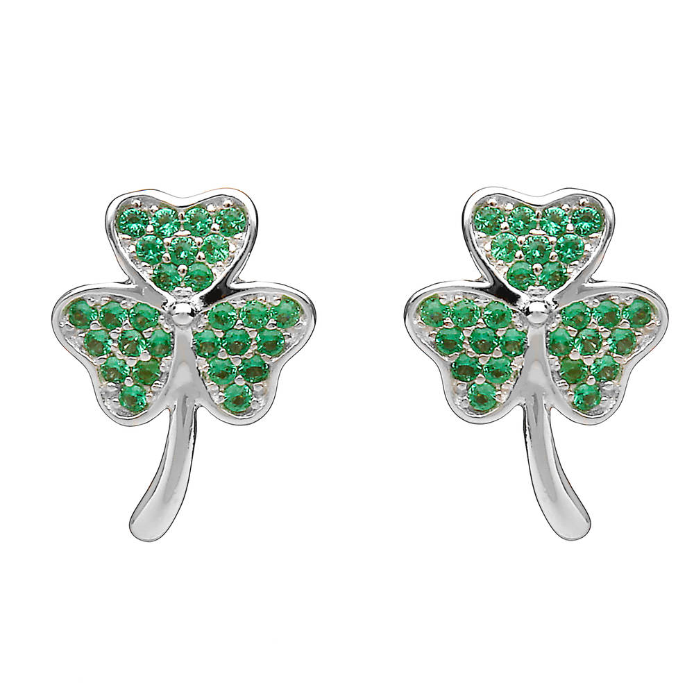 Silver Shamrock Stud Earrings With Green Cz