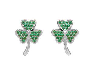 Silver Shamrock Stud Earrings Green Cz