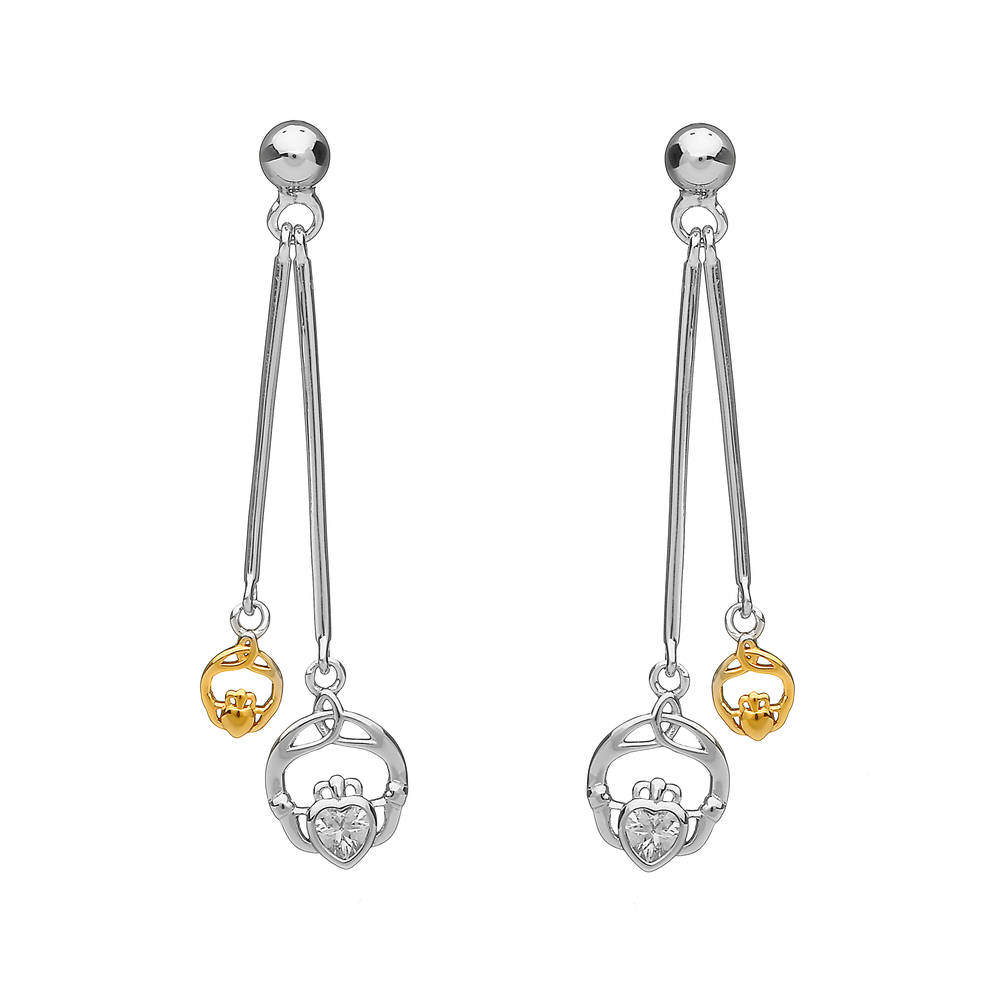 Silver Double Hanging Cz Claddagh Earrings With One Ygp Claddagh