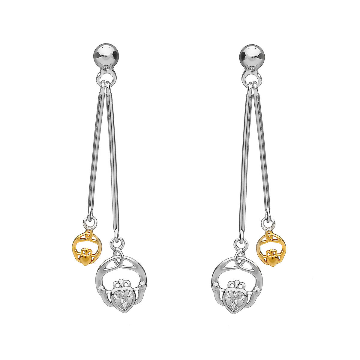 Silver Double Hanging Cz Claddagh Earrings With One Ygp Claddagh