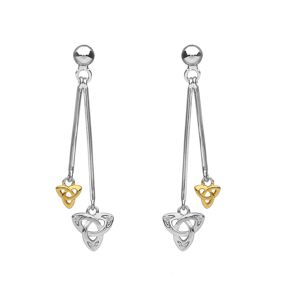 Silver Double Hanging Cz Trinity Earrings With One Ygp Trinity Knot