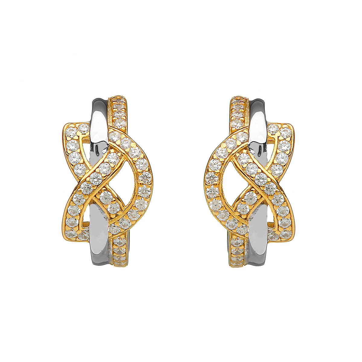 Silver Cz Two Tone Love Knot Huggy Stud Earrings