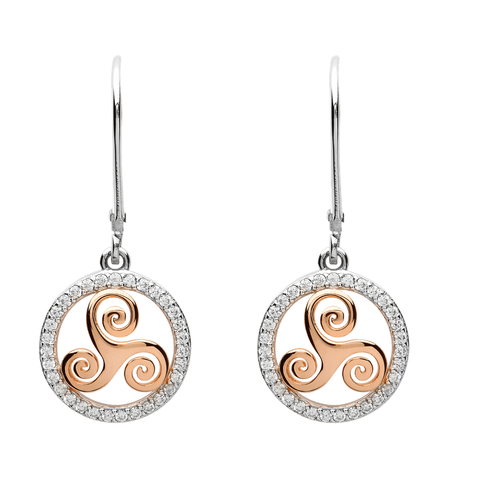 S/silver Cz Circle Drop Earrings With Rose Gold Plated Newgrange Spiral