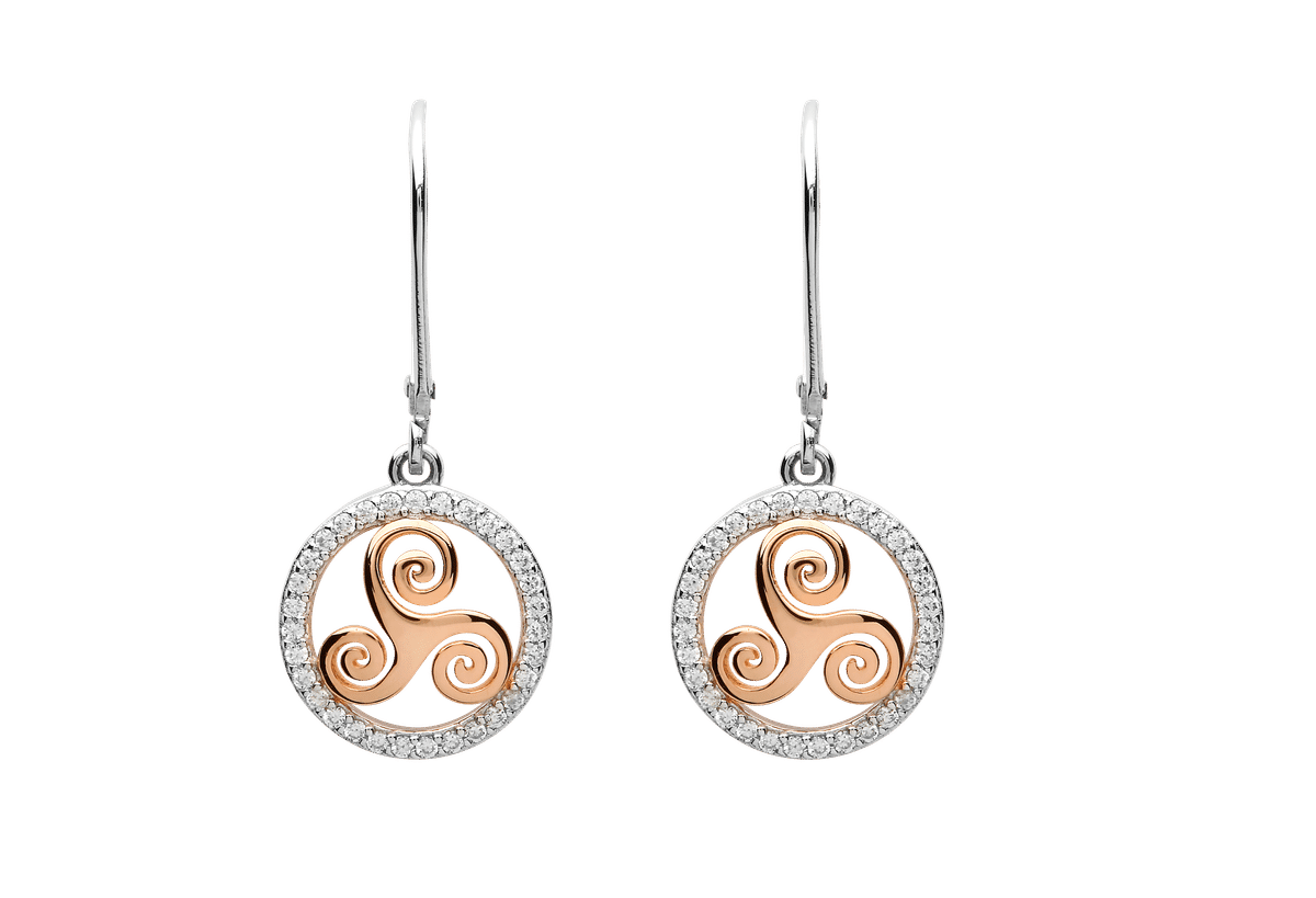 S/silver Cz Circle Drop Earrings With Rose Gold Plated Newgrange Spiral