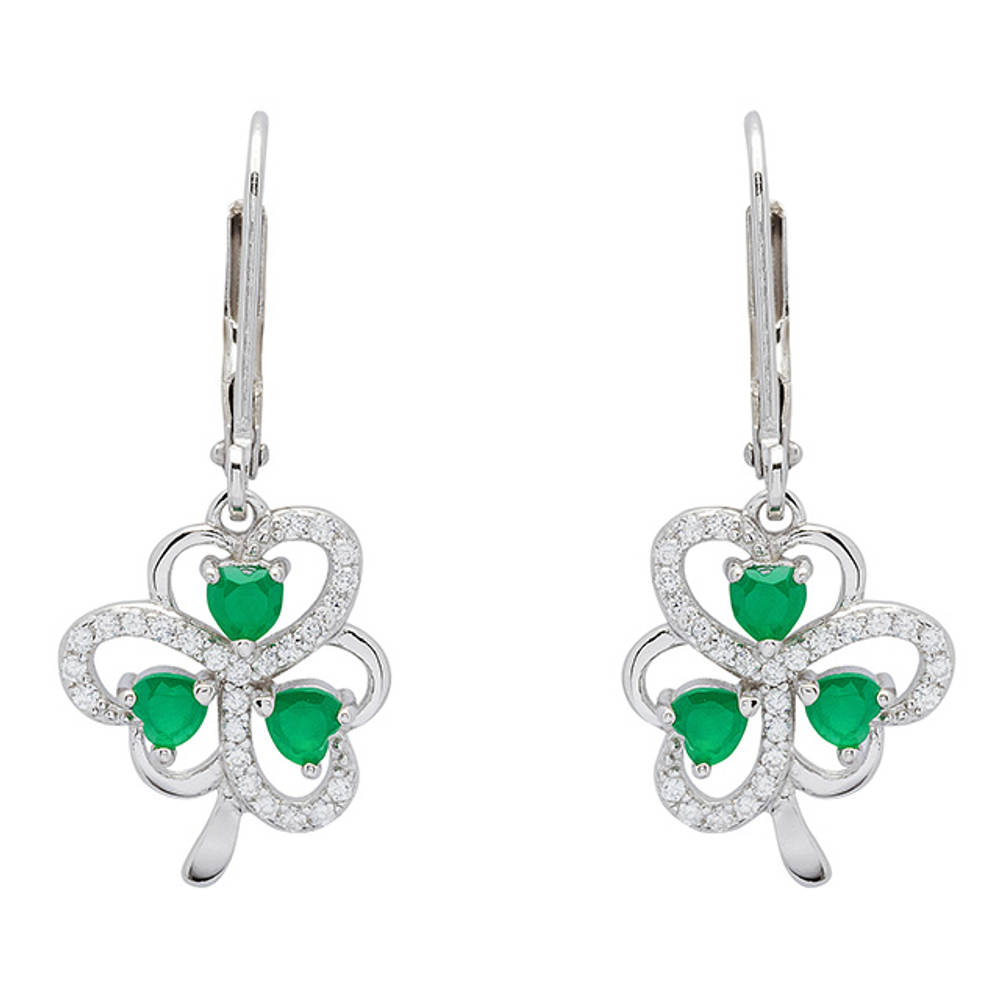 Silver Green Agate Cz Shamrock Earrings 15mm