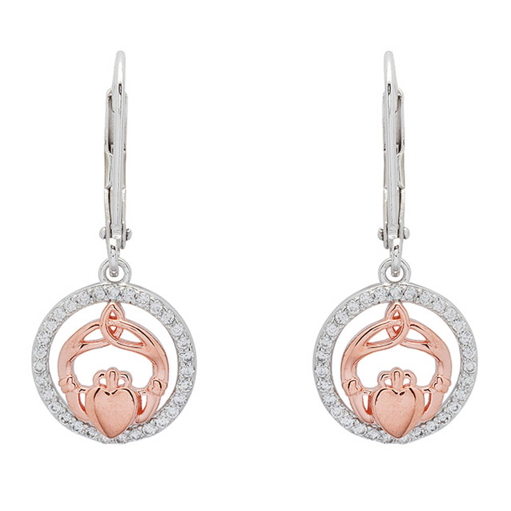 Silver R/gold 2 Tone Claddagh Drop Earring In Cz Surround