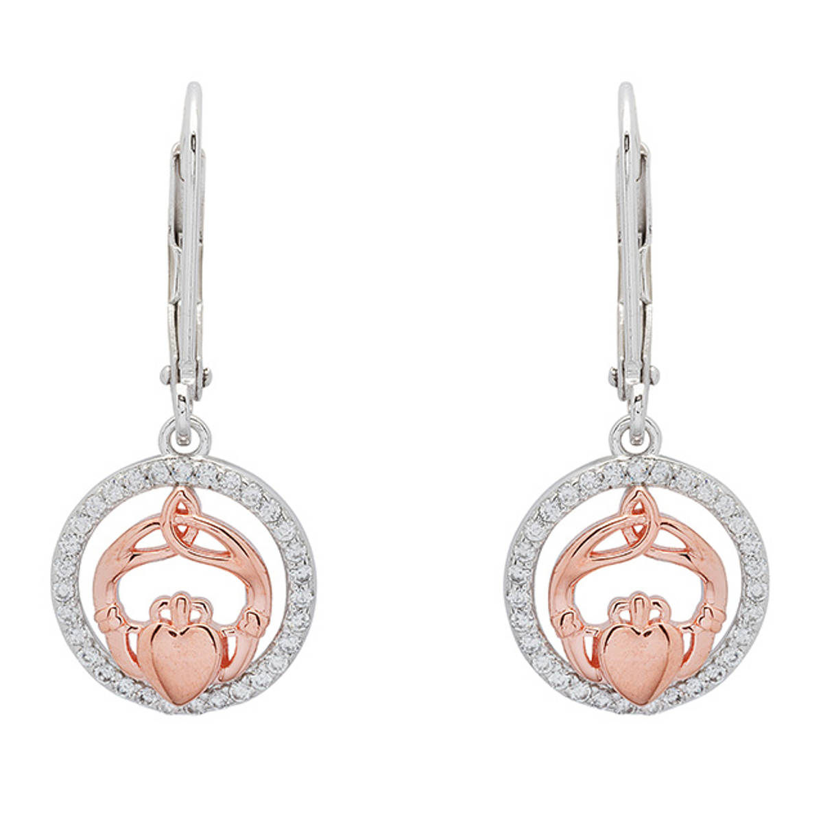 Sterling silver two-tone drop earrings with rose gold Claddagh surrounded by cubic zirconia.