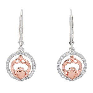 Silver and Rose Gold Claddagh Drop Earrings
