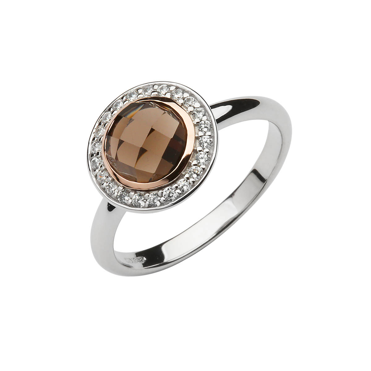 sterling silver and rose gold cz set halo with smokey quartz centre stone and made with rare Irish gold.