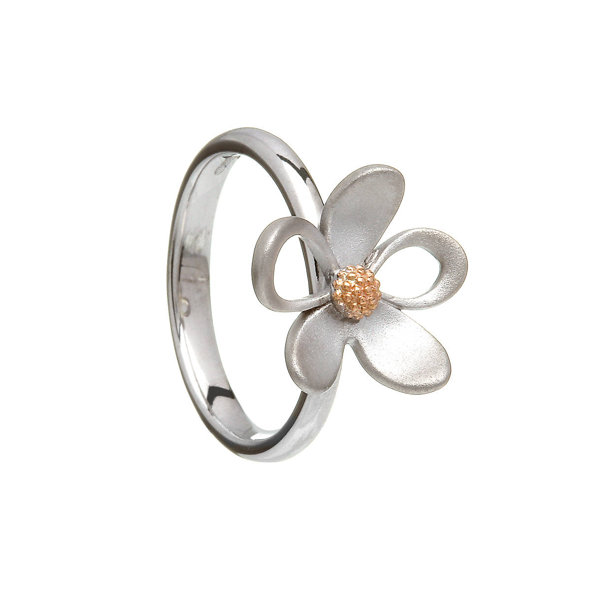 silver and rare Irish rose gold open and closed petal ring.