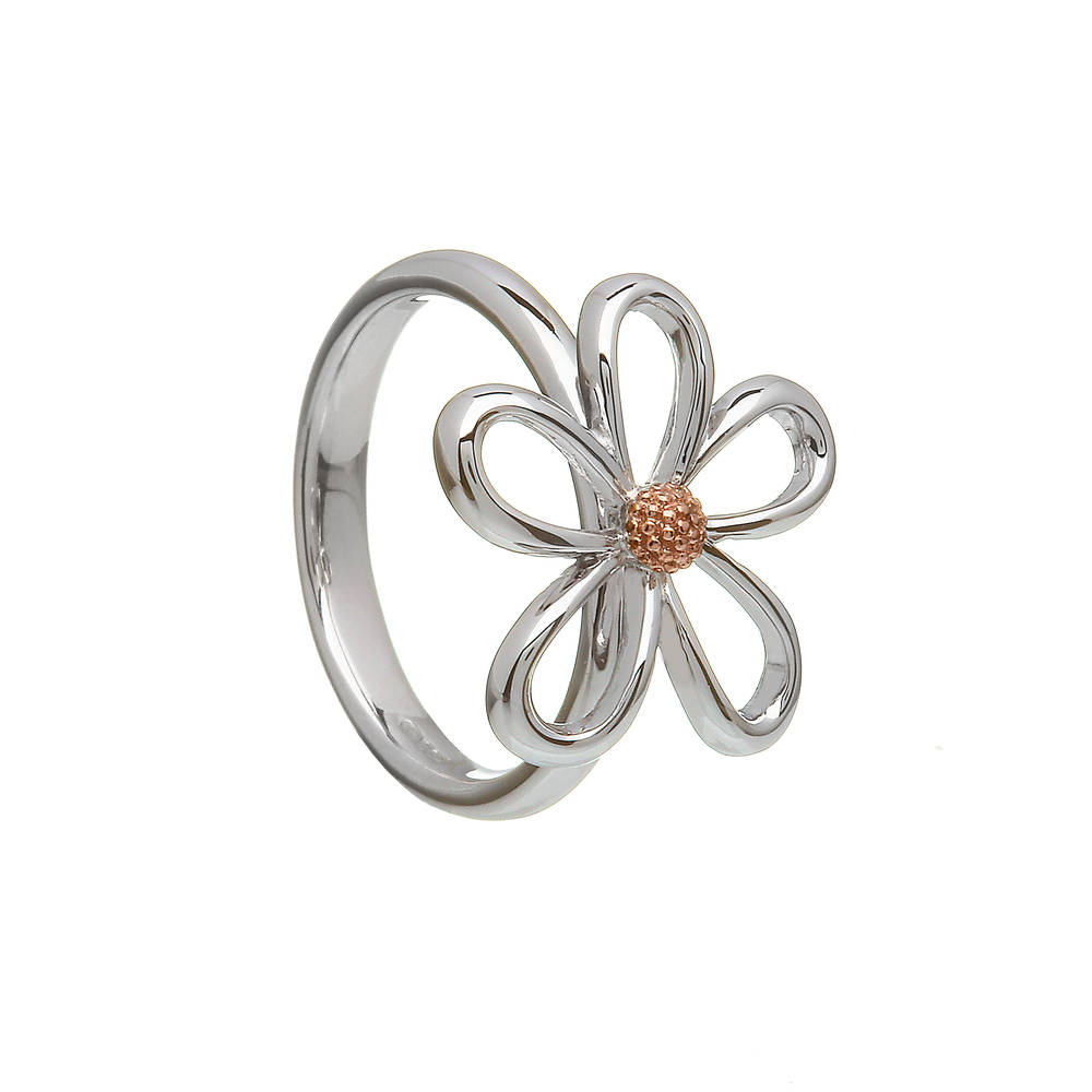 silver and rare Irish rose gold open petal ring with gold centre.