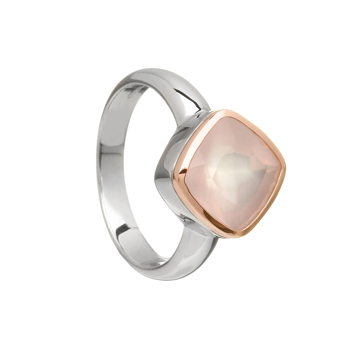 sterling silver and Irish rose gold ring with pink quartz diamond shape checkerboard cabochon