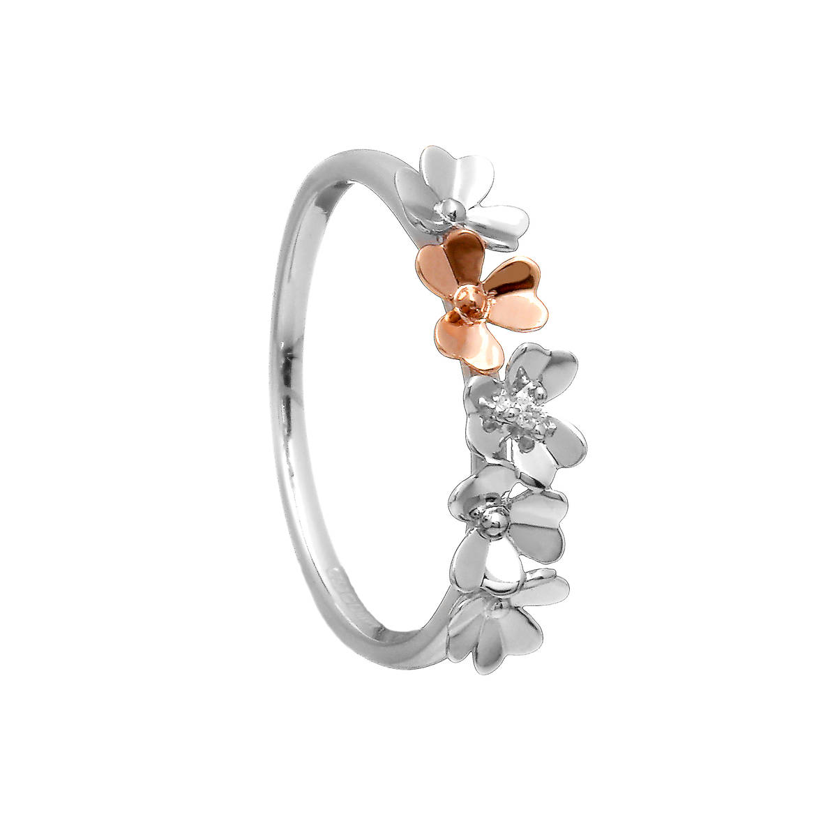 Diamond-set 9 carat white gold love shamrock band ring with one rare Irish rose gold shamrock flower.