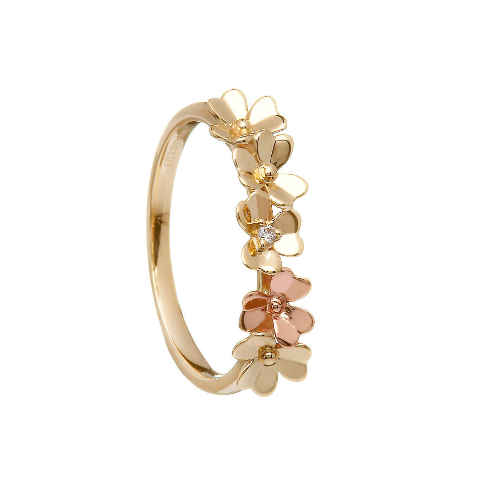 diamond set 9 carat yellow gold love shamrock band ring with one rare Irish rose gold flower.