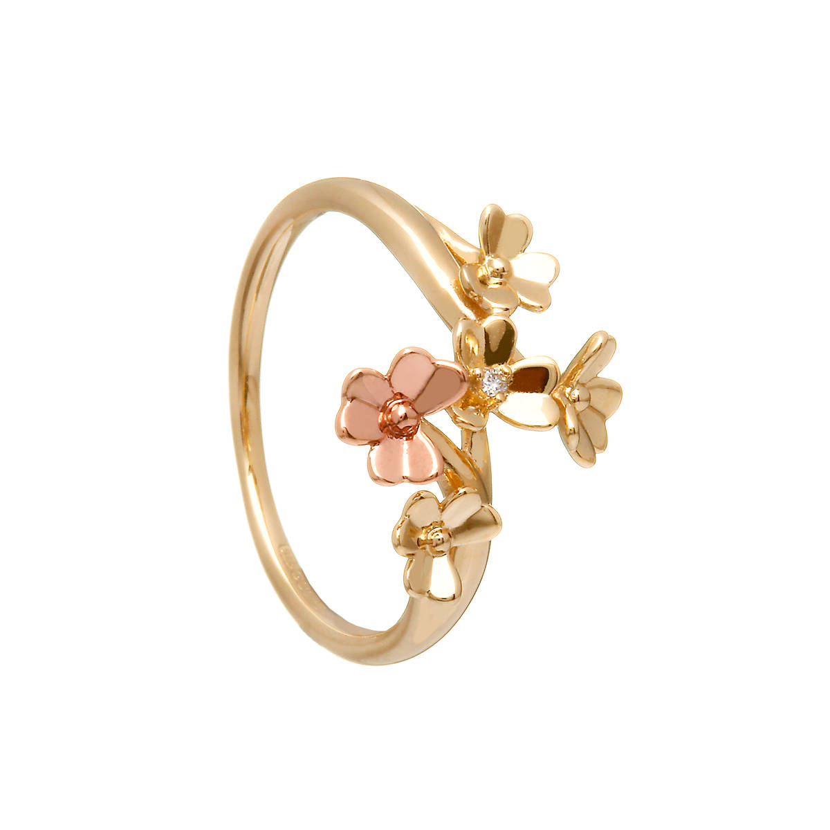 9 carat yellow gold love shamrock spray ring, diamond set, with one rare Irish rose gold flower. 