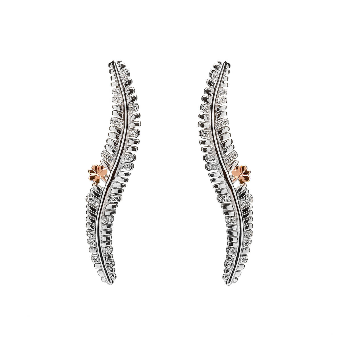 House of Lor silver fern earrings with rose gold Shamrock made from rare Irish goldpick/dapck